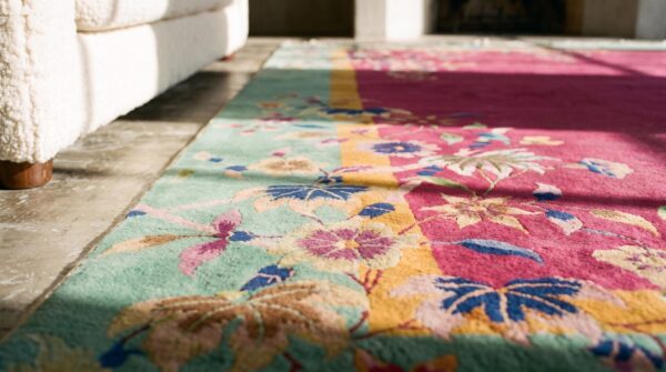 Chinese art deco coral 1920s knotted antique wool rectangle room size rug 6 Chinese art deco coral 1920s knotted antique wool rectangle room size rug (sku 22365) - in-room detail