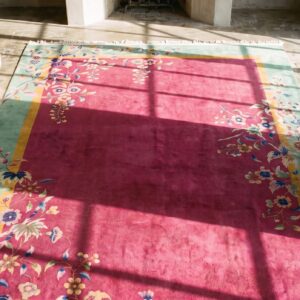 Chinese Art Deco Coral 1920s Knotted Antique Wool Rectangle Room Size Rug (SKU 22365) - styled overhead view