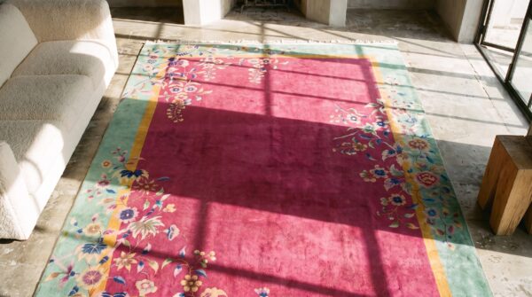 Chinese art deco coral 1920s knotted antique wool rectangle room size rug 2 Chinese art deco coral 1920s knotted antique wool rectangle room size rug (sku 22365) - styled overhead view