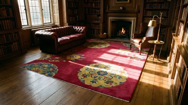 Antique chinese - art deco coral 1930s wool rug 9 Antique chinese - art deco coral 1930s wool rug (sku 23502) - room view