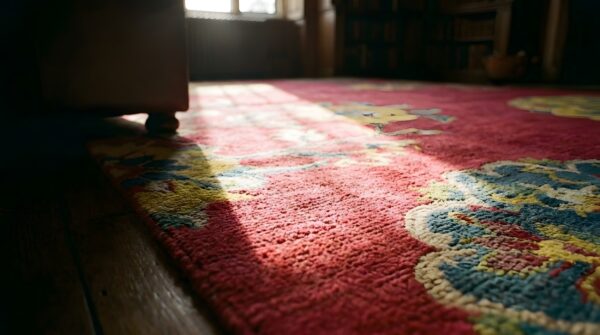Antique chinese - art deco coral 1930s wool rug 10 Antique chinese - art deco coral 1930s wool rug (sku 23502) - in-room detail
