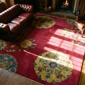 Antique Chinese - Art Deco Coral 1930s Wool Rug (SKU 23502) - styled overhead view