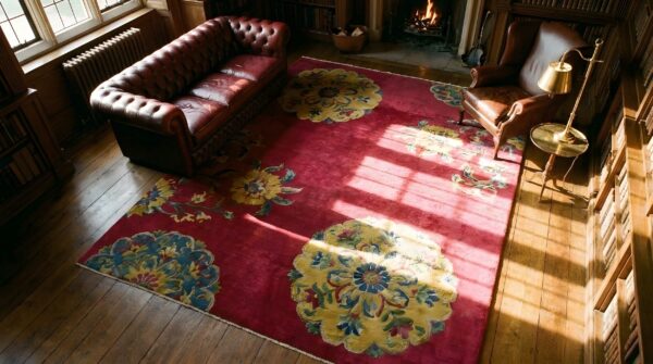 Antique chinese - art deco coral 1930s wool rug 2 Antique chinese - art deco coral 1930s wool rug (sku 23502) - styled overhead view