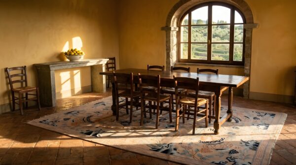 Antique wool pile chinese art deco design ivory cream color rug (sku 23097) - room view