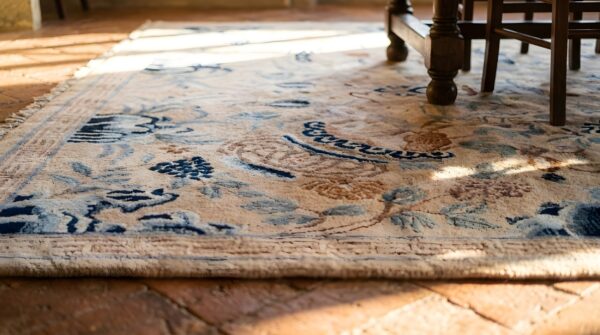 Antique wool pile chinese art deco design ivory cream color rug (sku 23097) - in-room detail