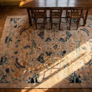 Antique Wool Pile Chinese Art Deco Design Ivory Cream Color Rug (SKU 23097) - styled overhead view