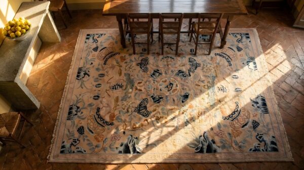 Antique wool pile chinese art deco design ivory cream color rug (sku 23097) - styled overhead view