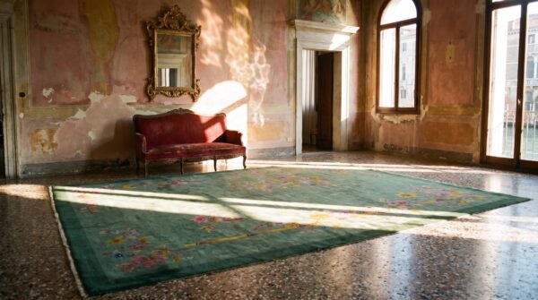 Antique chinese art deco floral knotted green rug 6 Antique chinese art deco floral knotted green rug (sku 24819) - room view