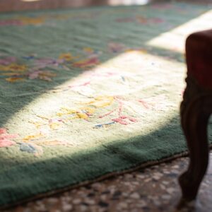 Antique Chinese Art Deco Floral Knotted Green Rug (SKU 24819) - in-room detail