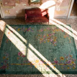 Antique Chinese Art Deco Floral Knotted Green Rug (SKU 24819) - styled overhead view