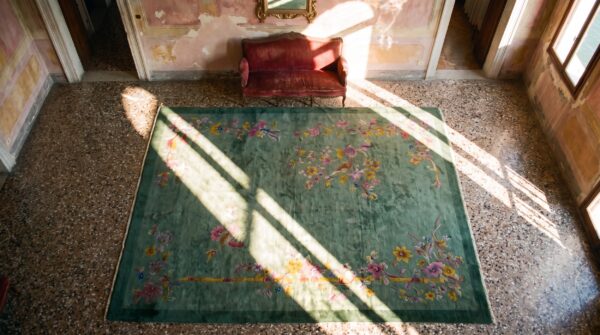 Antique chinese art deco floral knotted green rug 2 Antique chinese art deco floral knotted green rug (sku 24819) - styled overhead view