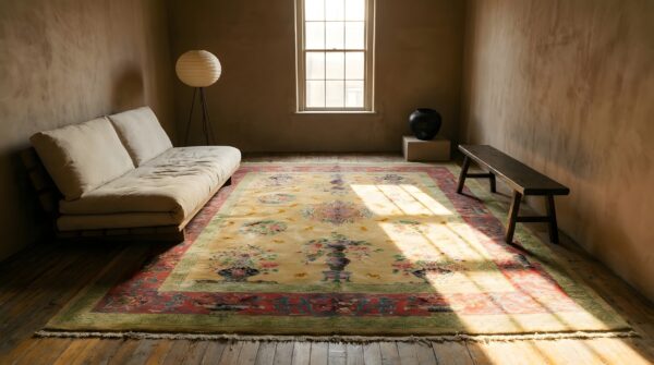 Antique chinese - art deco chinese floral, medallion yellow 1920s rug 9 Antique chinese - art deco chinese floral, medallion yellow 1920s rug (sku 24927) - room view