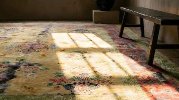 Antique chinese - art deco chinese floral, medallion yellow 1920s rug 10 Antique chinese - art deco chinese floral, medallion yellow 1920s rug (sku 24927) - in-room detail
