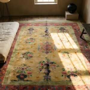 Antique Chinese - Art Deco Chinese Floral, Medallion Yellow 1920s Rug (SKU 24927) - styled overhead view