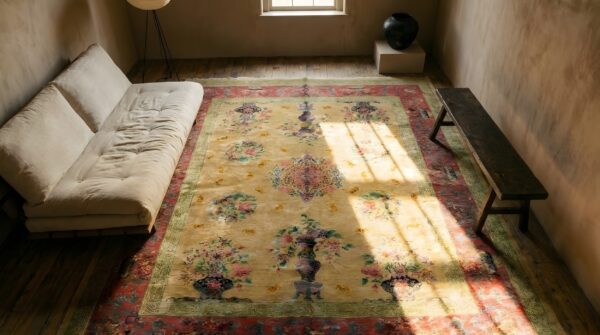 Antique chinese - art deco chinese floral, medallion yellow 1920s rug 2 Antique chinese - art deco chinese floral, medallion yellow 1920s rug (sku 24927) - styled overhead view