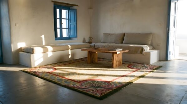Antique chinese art deco geometric knotted square rug 6 Antique chinese art deco geometric knotted square rug (sku 25031) - room view