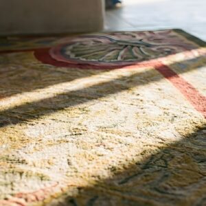 Antique Chinese Art Deco Geometric Knotted Square Rug (SKU 25031) - in-room detail