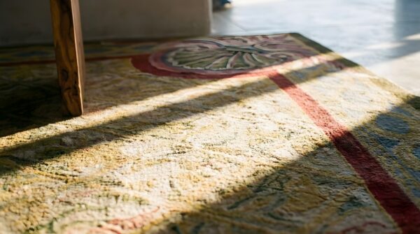 Antique chinese art deco geometric knotted square rug 7 Antique chinese art deco geometric knotted square rug (sku 25031) - in-room detail
