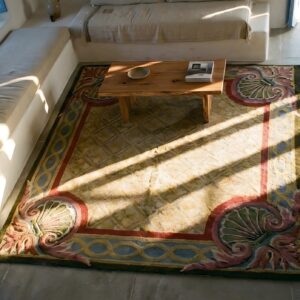 Antique Chinese Art Deco Geometric Knotted Square Rug (SKU 25031) - styled overhead view