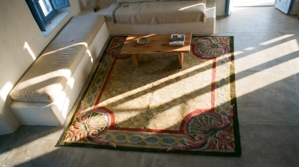 Antique chinese art deco geometric knotted square rug 2 Antique chinese art deco geometric knotted square rug (sku 25031) - styled overhead view