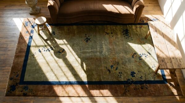 Antique chinese art deco wool pile gray color area rug 2 Antique chinese art deco wool pile gray color area rug (sku 25202) - styled overhead view