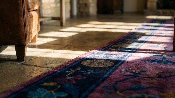 Antique chinese art deco hallway runner purple manchester wool rug 8 Antique chinese art deco hallway runner purple manchester wool rug (sku 25323) - in-room detail