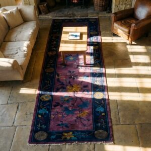 Antique Chinese Art Deco Hallway Runner Purple Manchester Wool Rug (SKU 25323) - styled overhead view