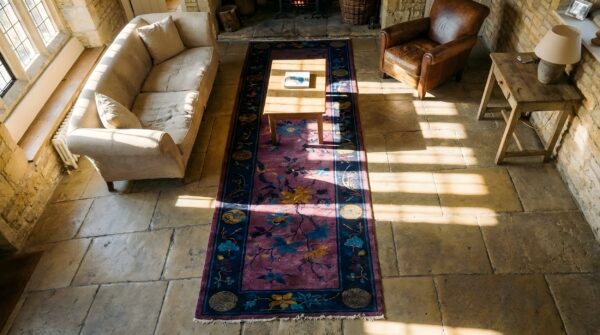 Antique chinese art deco hallway runner purple manchester wool rug 2 Antique chinese art deco hallway runner purple manchester wool rug (sku 25323) - styled overhead view