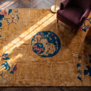 Antique Chinese - Art Deco Hallway Runner Wool Yellow Rug (SKU 23286) - styled overhead view