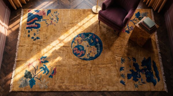 Antique chinese - art deco hallway runner wool yellow rug 2 Antique chinese - art deco hallway runner wool yellow rug (sku 23286) - styled overhead view