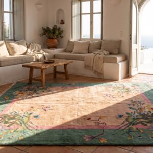 Chinese Art Deco Ivory Room Size Rectangle 1920s Wool Antique Knotted Rug (SKU 22464) - room view