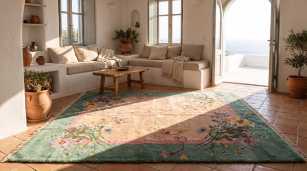 Chinese art deco ivory room size rectangle 1920s wool antique knotted rug 8 Chinese art deco ivory room size rectangle 1920s wool antique knotted rug (sku 22464) - room view