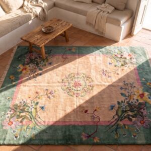 Chinese Art Deco Ivory Room Size Rectangle 1920s Wool Antique Knotted Rug (SKU 22464) - styled overhead view