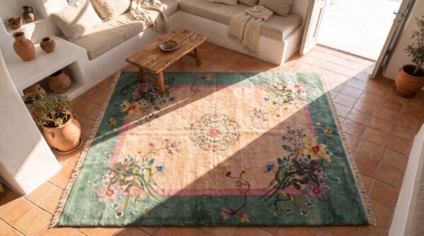 Chinese art deco ivory room size rectangle 1920s wool antique knotted rug 2 Chinese art deco ivory room size rectangle 1920s wool antique knotted rug (sku 22464) - styled overhead view