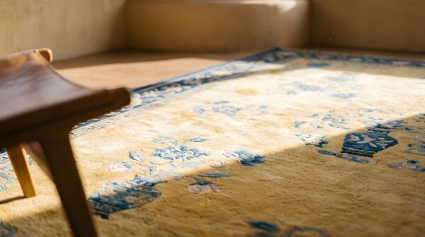 Antique chinese - art deco large room size wool yellow rug 10 Antique chinese - art deco large room size wool yellow rug (sku 23474) - in-room detail