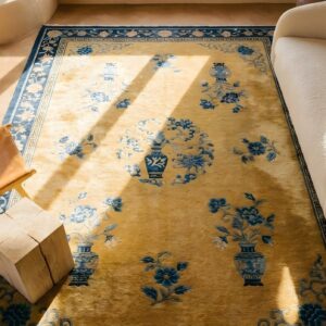 Antique Chinese - Art Deco Large Room Size Wool Yellow Rug (SKU 23474) - styled overhead view