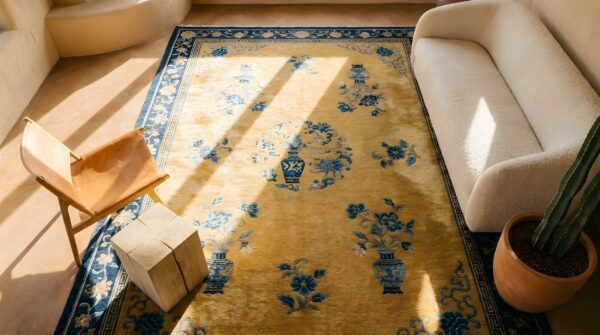 Antique chinese - art deco large room size wool yellow rug 2 Antique chinese - art deco large room size wool yellow rug (sku 23474) - styled overhead view