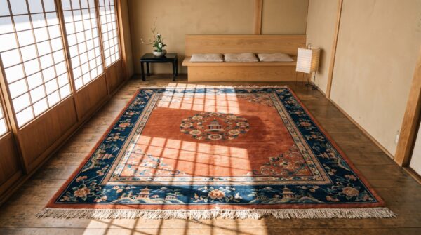 Antique chinese art deco wool hand knotted pile medallion yellow rug (sku 23169) - room view