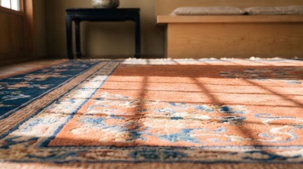 Antique chinese art deco wool hand knotted pile medallion yellow rug (sku 23169) - in-room detail