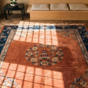 Antique Chinese Art Deco Wool Hand Knotted Pile Medallion Yellow Rug (SKU 23169) - styled overhead view