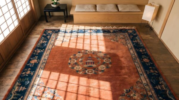 Antique chinese art deco wool hand knotted pile medallion yellow rug (sku 23169) - styled overhead view