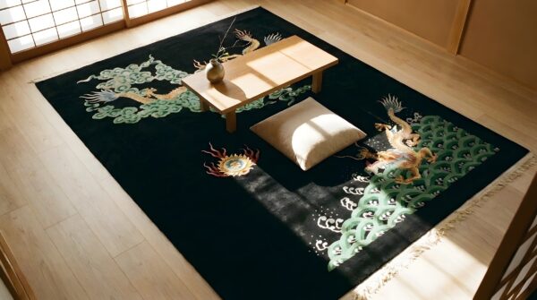 Antique chinese - art deco medium wool black rug 2 Antique chinese - art deco medium wool black rug (sku 25164) - styled overhead view