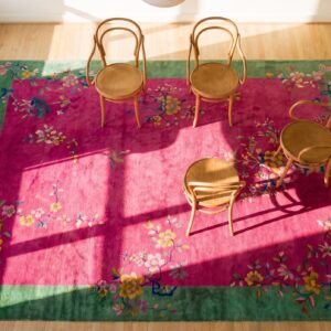 Antique Chinese - Art Deco Medium Wool Coral Rug (SKU 25058) - styled overhead view