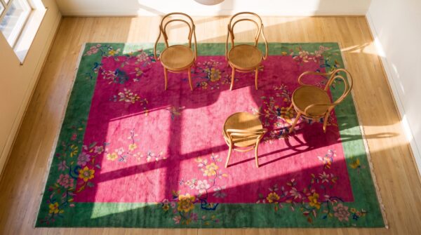 Antique chinese - art deco medium wool coral rug 2 Antique chinese - art deco medium wool coral rug (sku 25058) - styled overhead view