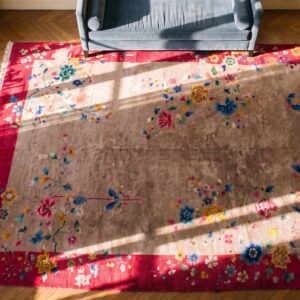 Antique Chinese - Art Deco Medium Wool Ivory Rug (SKU 25106) - styled overhead view