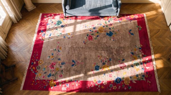 Antique chinese - art deco medium wool ivory rug 2 Antique chinese - art deco medium wool ivory rug (sku 25106) - styled overhead view