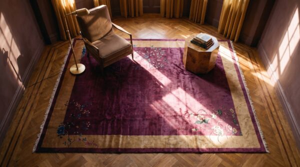 Antique chinese - art deco medium wool purple rug 2 Antique chinese - art deco medium wool purple rug (sku 25122) - styled overhead view