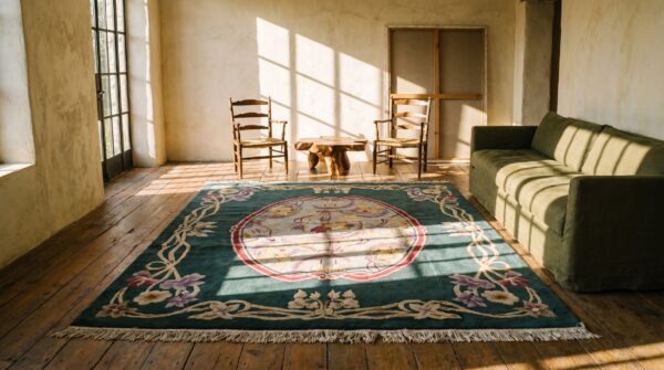 Antique chinese art deco / art nouveau room size wool rug 12 Antique chinese art deco / art nouveau room size wool rug (sku 19573) - room view
