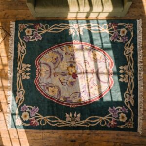 Antique Chinese Art Deco / Art Nouveau Room Size Wool Rug (SKU 19573) - styled overhead view