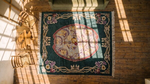 Antique chinese art deco / art nouveau room size wool rug (sku 19573) - styled overhead view